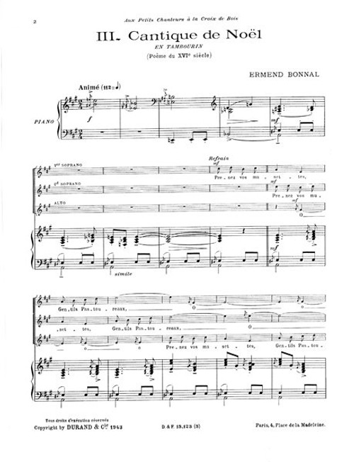 Bonnal, Joseph Ermend: Cantique de Noël extrait no. 3 de 'Trois Noëls' / pour pour soprano solo, chour de femmes (ou chour mixte) & piano / piano score / Durand
