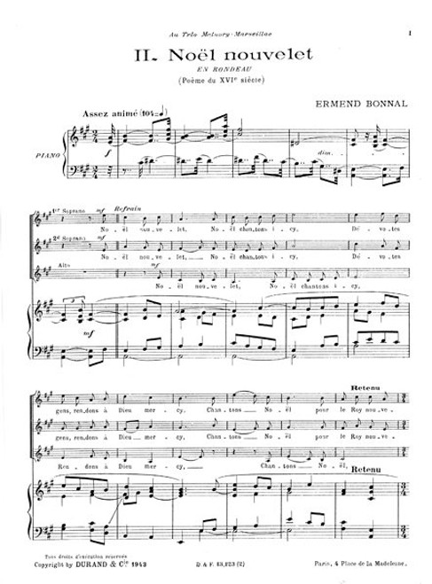 Bonnal, Joseph Ermend: Noël nouvellet extrait no. 2 de 'Trois Noëls' / pour pour soprano solo, chour de femmes (ou chour mixte) & piano /  Durand