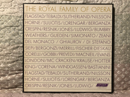 The Royal Family Of Opera / Flagstad; Tebaldi; Sutherland; Nilsson; Horne; Suliotis; Lorengar; Berganza; Crespin; Resnik; Jones; Ludwig; Bumbry; Weathers; Gueden; Simionato; Zeani; Del Monaco / London Records 3x LP, Box Set / RFO-S-1