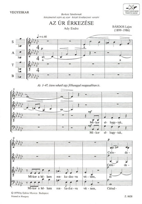 Bárdos Lajos Az úr érkezése  Words by Ady Endre  sheet music (9790080086285)
