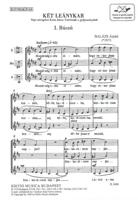 Balázs Árpád Two Female Choruses  Words by Kriza János  sheet music (9790080054505)