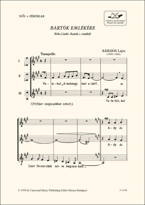 Bárdos Lajos Bartók emlékére  női- vagy férfikarra  Words by Bóka László  sheet music (9790080061480)