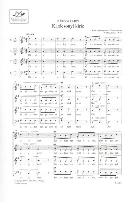 Bárdos Lajos Karácsonyi kírie  vocalchoral score  sheet music (9790080144565)