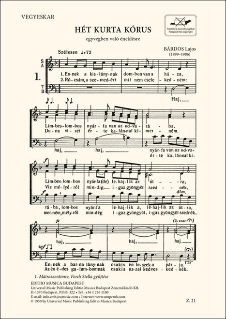 Bárdos Lajos Seven Short Choruses  sheet music (9790080000212)