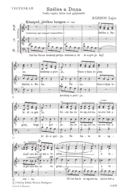 Bárdos Lajos Széles a Duna  Folksong from J. Ádám's collection  sheet music (9790080006764)