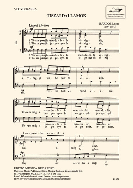 Bárdos Lajos Tiszai dallamok. Three folksongs  sheet music (9790080006962)