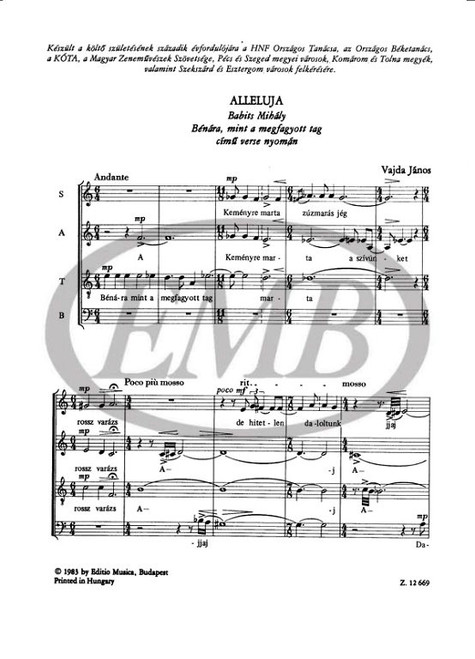 Vajda János Alleluja  Words by Babits Mihály  sheet music (9790080126691)