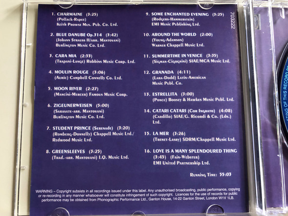 The Mantovani Orchestra - Charmaine / Greensleves, Blue Danube, Moon River / Audio CD 2002 / Hallmark (5050457032227)