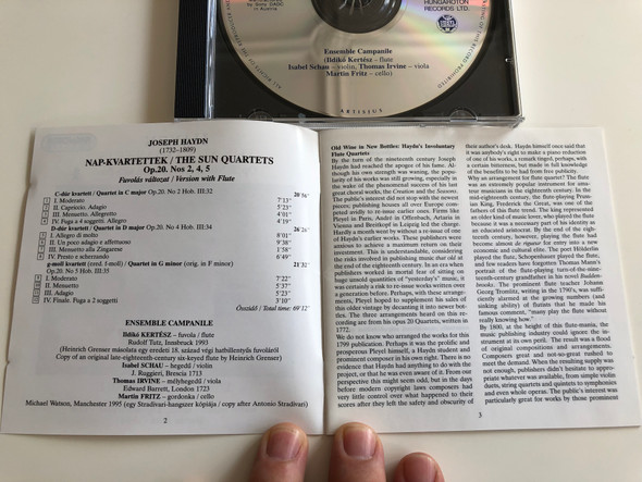 Haydn - The Sun Quartets Op. 20 Nos 2, 4, 5 - version with flute / Ensemble Campanile / Ildikó Kertész - flute, Isabel Schau - violin, Thomas Irvine - viola, Martin Fritz - cello / Hungaroton Classic / HCD 32008 / Audio CD 2001 (5991813200822)