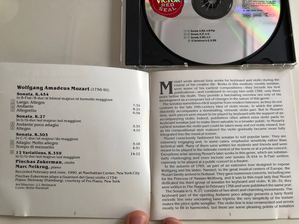 Mozart - Sonatas For Piano & Violin K.27, 303, 454, Variations K.359 / Pinchas Zukerman, Marc Neikrug ‎/ Volume 2 / RCA Victor Red Seal ‎Audio CD 1991 / RD60740