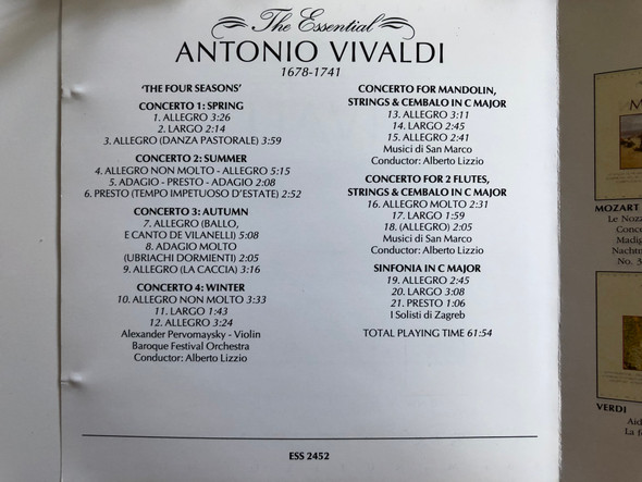 Vivaldi ‎– 'The four seasons', Concerto for mandolin, Concerto for 2 flutes, Sinfonia in C major / The Essential Audio CD 1992 Stereo / ESS 2452