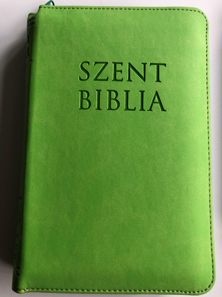 Holy Bible - Szent Biblia / Apple Green / Károli Gáspár / Small size Imitation Leather with zipper / Almazöld / Golden Edges / Words of Christ in Red / Maps & Timeline / Jézus szavai piros kiemeléssel / Térképek és idővonal (PatmosBibleGreenSmall )