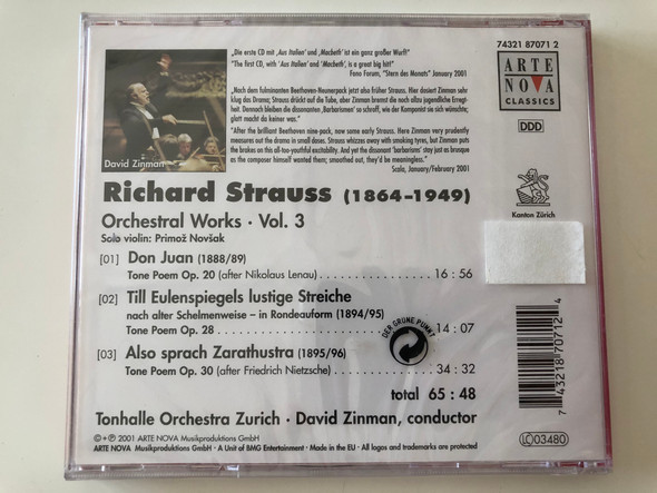 Tonhalle Orchester Zürich / David Zinman - conductor / Richard Strauss - Don Juan, Till Eulenspiegels Lustige Streiche, Also Sprach Zarathustra / Arte Nova Classics ‎Audio CD 2001 / 74321 87071 2