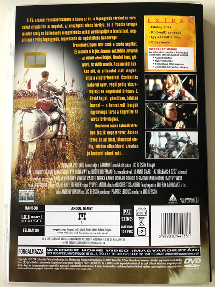 Jeanne d'Arc DVD 1999 Az Orléans-i szűz / Directed by Luc Besson / AKA The Messenger: The story of Joan of Arc / Starring: Milla Jovovich, John Malkovich, Faye Dunaway, Dustin Hoffman (5999010445381)