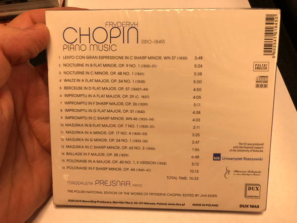 Chopin - Piano Music / Magdalena Prejsnar - piano / DUX Audio CD 2020 / DUX 1645 