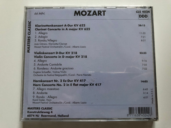 Mozart – Konzerte/Concertos: Klarinettenkonzert A-Dur/Clarinet Concerto KV 622, Violinkonzert D-Dur KV 218, Hornkonzert Nr. 2 KV 417 / Mozart Festival Orchestra , Cond.: Alberto Lizzio / Masters ClassicAudio CD / CLS 4024