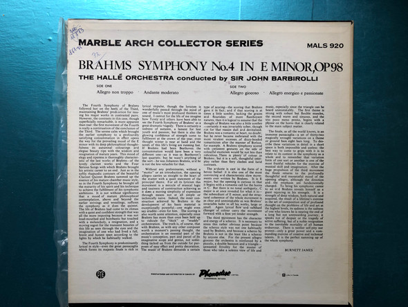 Brahms - Symphony No. 4 In E Minor OPUS 98 / Sir John Barbirolli, The Halle Orchestra / Marble Arch Collector Series / Marble Arch LP Stereo / MALS 920