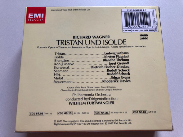 Wagner – Tristan Und Isolde - Ludwig Suthaus, Kirsten Flagstad / Thebom, Greindl, Fischer, Dieskau, Philharmonia Orchestra / Wilhelm Furtwängler / EMI 1897-1997 100 Years Of Great Music / EMI Classics 4x Audio CD 1997 Mono / 724355625427