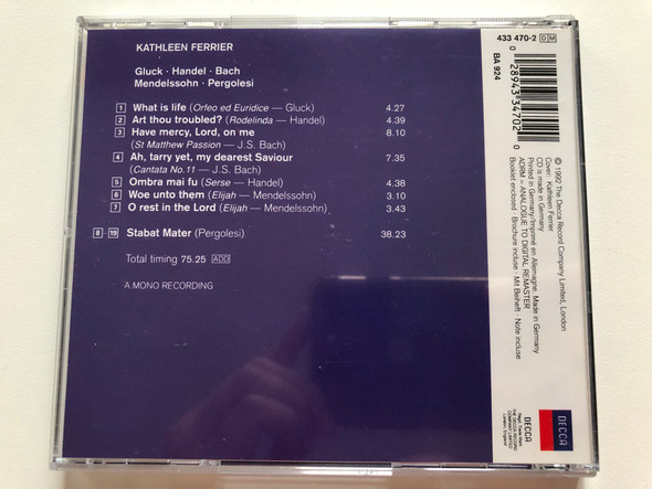 Kathleen Ferrier - Gluck, Handel, Bach, Mendelssohn, Pergolesi / Decca Audio CD 1992 / 433 470-2