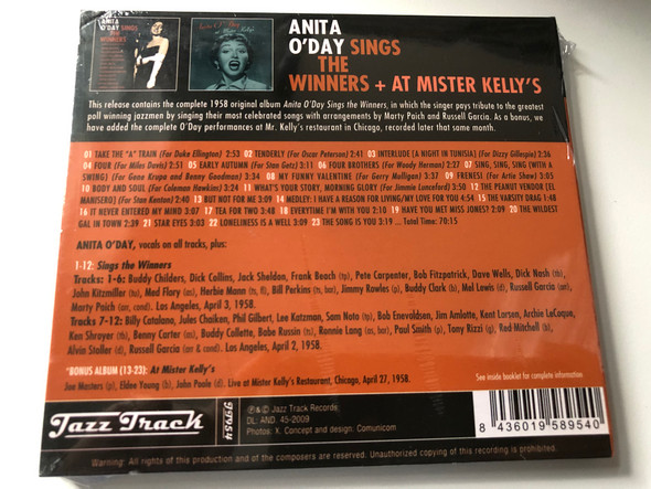 Anita O'Day Sings The Winners / Duke Ellington, Gene Krupa, Woody Herman, Dizzy Gillespie, Oscar Peterson, Stan Getz, Gerry Mulligan, Coleman Hawkins, Miles Davis, Artie Shaw, Stan Kenton, Jimmie Lunceford / Jazz Track Audio CD / JT954