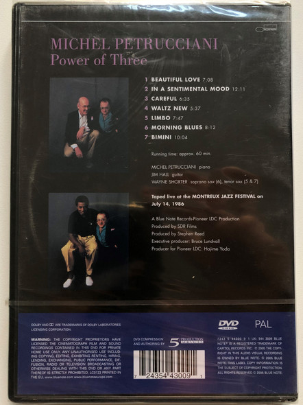 Michel Petrucciani - Power of Three DVD featuring Jim Hall & Wayne Shorter / Live at Montreux / Recorded live at the Montreux Jazz Festival July 14, 1986 / Produced by Stephen Reed, Bruce Lundvall (724354430091)