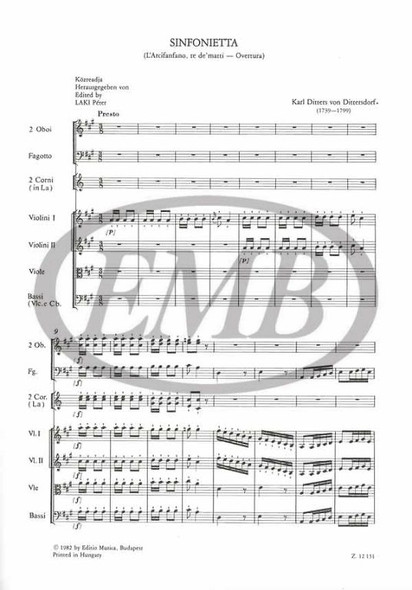 Dittersdorf, Carl Ditters von: Sinfonietta / score / Edited by Laki Péter / Editio Musica Budapest Zeneműkiadó / 1982 / Szerkesztette Laki Péter