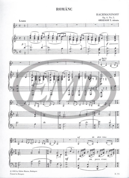 Rachmaninov, Sergey Vasilyevich: Romance / Transcribed by Országh Tivadar / Editio Musica Budapest Zeneműkiadó / 1952 / Átírta Országh Tivadar 