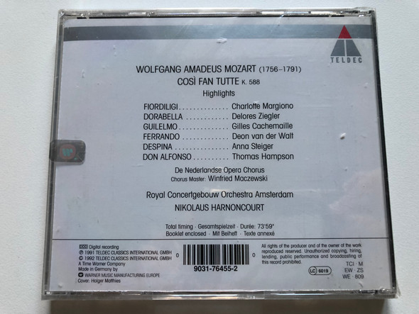 Mozart - Harnoncourt – Così Fan Tutte (Highlights) / Margiono, van der Walt, Ziegler, Cachemaille, Steiger, Hampson, Royal Concertgebouw Orchestra / Teldec Audio CD 1992 / 9031-76455-2