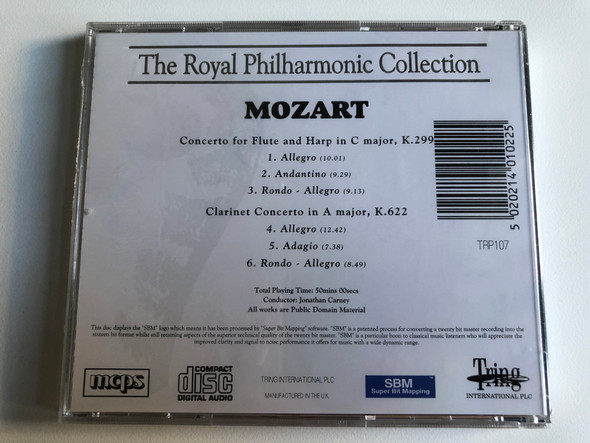 The Royal Philharmonic Collection: Mozart - Concerto For Flute and Harp in C major, K299; Clarinet Concerto in A major, K622 / Royal Philharmonic Orchestra, Conducted by Jonathan Carney / Tring International Audio CD / TRP107