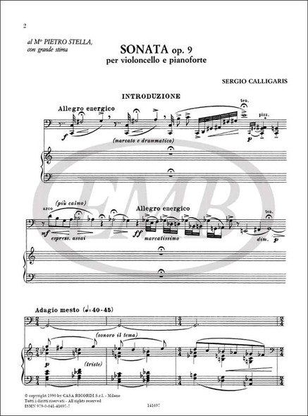 Calligaris, Sergio: Sonata op. 9 / per violoncello e pianoforte / Ricordi