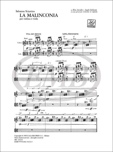 Sciarrino, Salvatore: La malinconia / per violino e viola / Ricordi Americana / 2001