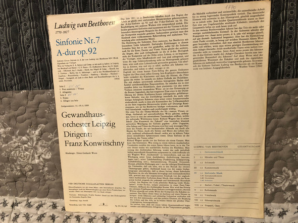 Ludwig van Beethoven, Gewandhausorchester Leipzig, Franz Konwitschny – Sinfonie Nr.7 A-dur Op.92 / ETERNA / 1968 LP VINYL 8 25 416