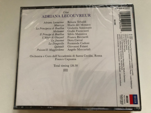 Cilea - Adriana Lecouvreur - Tebaldi; Del Monaco; Simionato; Fioravanti / Orchestra e coro dell'Accademia di Santa Cecilia, Roma, Franco Capuana / Grand Opera / Decca 2x Audio CD 1991, Box Set / 430 256-2