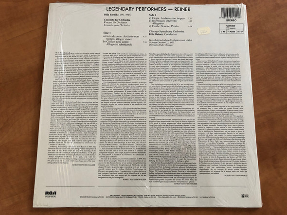 Legendary Performers: Reiner - Bartók: Concerto For Orchestra - Chicago Symphony Orchestra / RCA LP Stereo 1985 / GL85220