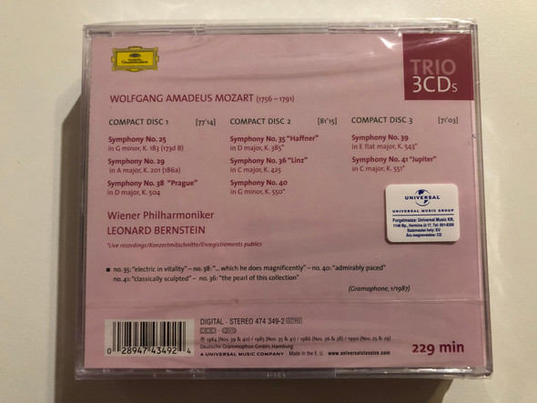 Mozart: The Late Symphonies Nos. 25 & 29 - Wiener Philharmoniker, Leonard Bernstein / Trio 3 CDs / Deutsche Grammophon 3x Audio CD Stereo / 474 349-2