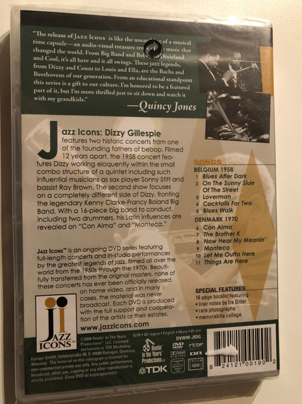 Jazz Icons: Dizzy Gillespie Live in '58 and '70 / Review by Ken Dryden / Dynamic Audio & Video / 16 Page Booklet Featuring / Liner Notes by Ira Gitler rare Photographs / Memorabilia Collage / 2006 DVD (824121001902)