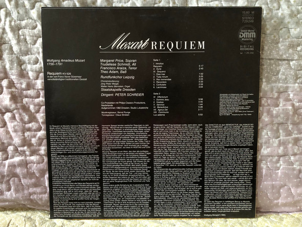 Mozart: Requiem - Margaret Price, Trudeliese Schmidt, Francisco Araiza, Theo Adam, Rundfunkchor Leipzig, Staatskapelle Dresden, Peter Schreier / ETERNA LP 1989 Stereo / 7 29 249