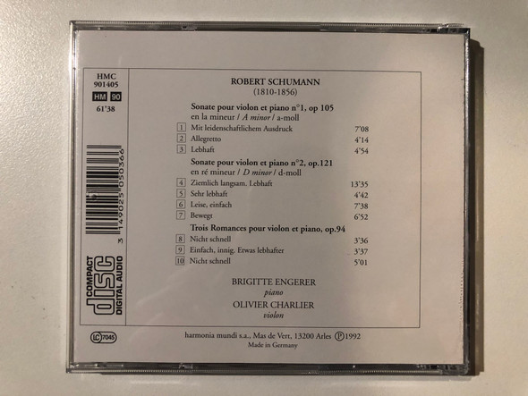 Schumann: Sonates Pour Violon Et Piano - Brigitte Engerer, Olivier Charlier / Harmonia Mundi France Audio CD 1992 / HMC 901405