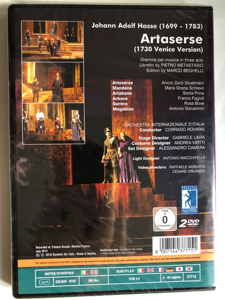 Johann Adolf Hasse Artaserse 2 DVD Set  Drama for music in three acts Libretto by PIETRO METASTASIO Edition by MARCO BEGHELLI  INTERNATIONAL ORCHESTRA OF ITALY  Conductor CORRADO ROVARIS  DVD