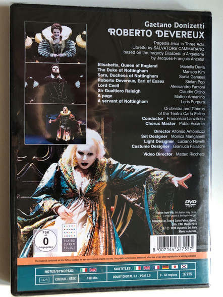 Gaetano Donizetti: Roberto Deverux / Tragedia lirica in Three Acts / Libretto by SALVATORE CAMMARANO / Orchestra and Chorus of the Teatro Carlo Felice / Conductor: Francesco Lanzillotta / Chorus Master Paul Assante / DVD (8007144377557)