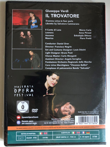 Giuseppe Verdi: Il Trovatore / Lyric drama in four parts Libretto by Salvatore Cammarano / Fondazone Orchestra della Marche Conductor: Daniel Oren / Chorus Master: Carlo Morganti / Recorded at: Macerata Opera Festival, Arena Sferisterio / DVD (8007144377694) 