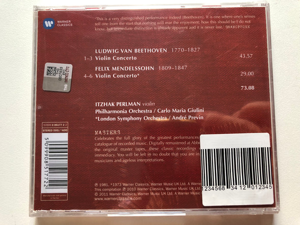 Beethoven, Mendelssohn - Violin Concertos - Itzhak Perlman, Philharmonia Orchestra, London Symphony Orchestra, Carlo Maria Giulini, André Previn / Masters / Warner Classics Audio CD 2011 Stereo / 5099908517722