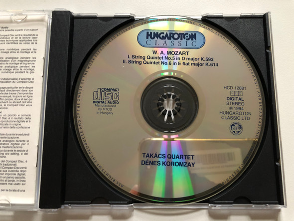 W.A. Mozart - String Quintets in D Major K 593; In E flat Major K 614 - Takács Quartet, Denes Koromzay / Hungaroton Audio CD 1994 Stereo / HCD 12881-2