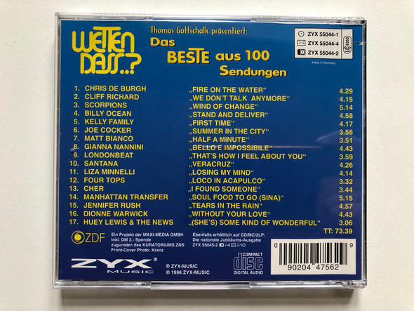 Wetten Dass..? (Das Beste Aus 100 Sendungen) / inkl. Scorpions, Joe Cocker, Chris De Burgh, Cher, Cliff Richard, Gianna Nannini, Huey Lewis & The News / ZYX Music Audio CD 1996 / ZYX 55044-2