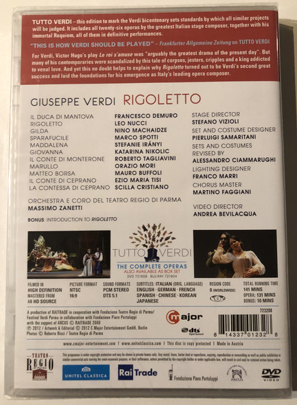 VERDI - RIGOLETTO / DEMURO, NUCCI, MACHAIDZE, SPOTTI, IRÁNYI / ORCHESTRA E CORO DEL TEATRO REGIO DI PARMA MASSIMO ZANETTI / TUTTO VERDI THE COMPLETE OPERAS / DVD Video (814337012328)