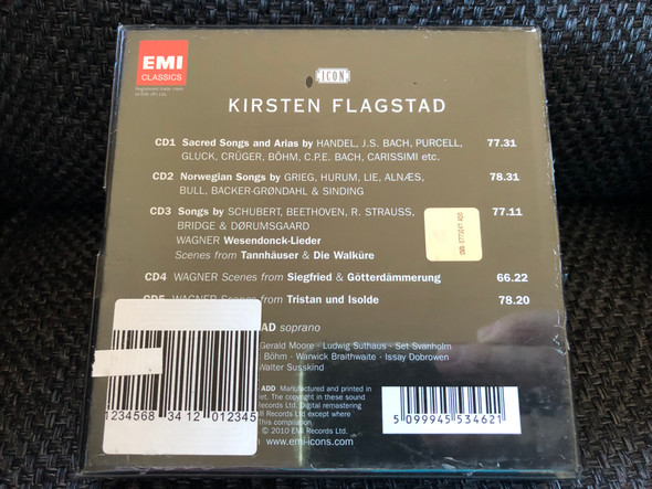 Kirsten Flagstad: The Supreme Wagnerian Soprano - Handel, Bach, Purcell, Schubert, Beethoven, Grieg, Wagner, R. Strauss / Icon / EMI Classics 5x Audio CD, Box Set 2010 Mono / 5099945534621