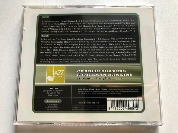 Charlie Shavers & Coleman Hawkins – A Famous Jazz Party - 1958 / The Jazz Factory 2x Audio CD 2003 / JFCD22857