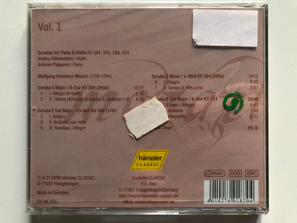 Mozart: Sonatas For Piano & Violin KV 304, 305, 380, 454, Vol. 1 - Dmitry Sitkovetsky, Antonio Pappano / Hänssler Classic Audio CD 2006 / CD 98.294