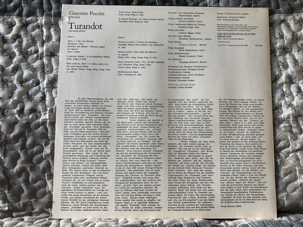 Giacomo Puccini: Turandot - Ingrid Bjoner, Ludovic Spiess, Anneliese Rothenberger, Siegfried Vogel, Wolfgang Anheisser, Horst Hiestermann, Harald Neukirch, Rundfunkchor Leipzig / ETERNA LP Stereo 1974 / 8 26 435