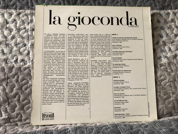 La Gioconda - Giacomo Lauri-Volpi, Karin Branzell, Irene Minghini-Cattaneo, Georges Baklanoff, Gina Cigua / Top Classic Historia LP / H 671
